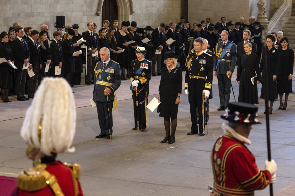 King Charles III, Princess Anne, Camilla, the Queen Consort, Tim Laurence and Prince William were among the royals at  Westminster for the arrival of the Queen’s coffin.