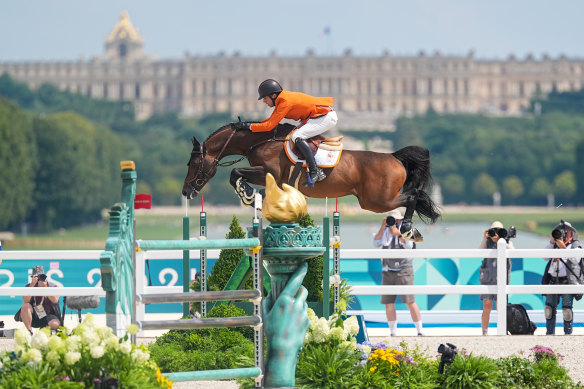 Harrie Smolders of the Netherlands riding Uricas vd Kattevennen competes in the jumping team final.