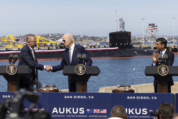 Anthony Albanese, US President Joe Biden and UK Prime Minister Rishi Sunak announcing the AUKUS pact in San Diego last year.