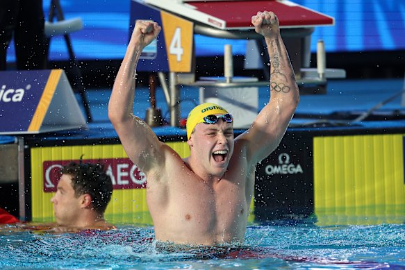 Sam Short is overjoyed after winning the men’s 1500m freestyle at Pan Pacs. 