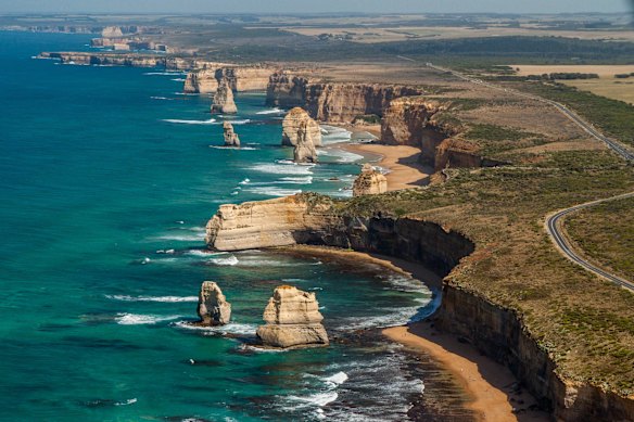The Great Ocean Road traces it route  along an escarpment below which the Apostles stand sentinel. 