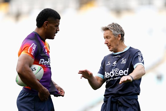 Bellamy with Tui Kamikamica during the captain’s run before last year’s NRL grand final.