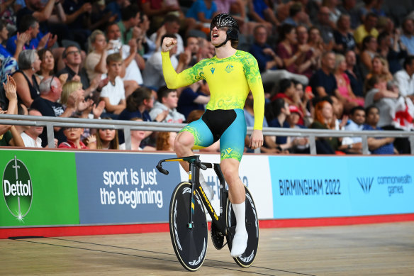 Australian sprinter Matthew Glaetzer takes in the moment after being part of the victorious men’s team sprint.