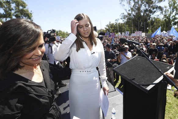 Brittany Higgins embraced by Lisa Wilkinson at the Women’s March in Canberra earlier this year.