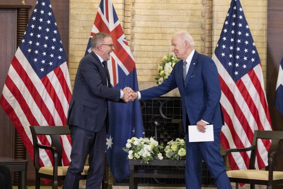 Prime Minister Anthony Albanese and President of the United States Joe Biden at a bilateral meeting during the Quad leaders’ summit in Tokyo.