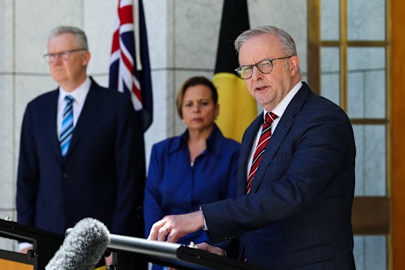 Prime Minister Anthony Albanese in Canberra on Monday with Home Affairs Minister Tony Burke (left) and Attorney-General Michelle Rowland.