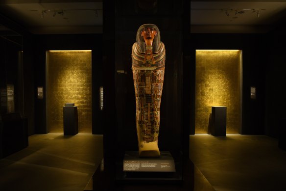 The coffin of Padiashaikhet, Thebes, inside the Mummy Room at the Chau Chak Wing Museum at Sydney University.
