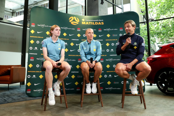 Cortnee Vine, Tameka Yallop and coach Tony Gustavsson face the media on Thursday.