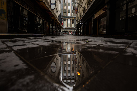 A morbid shade of itself - a deserted Degraves Street in the heart of Melbourne. 