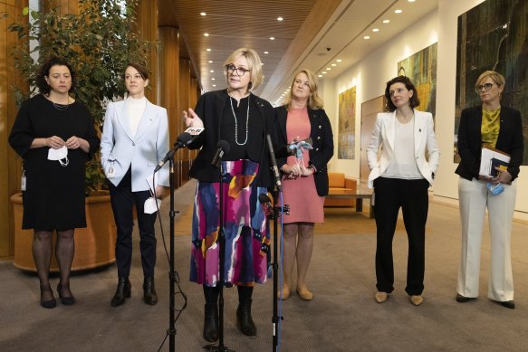 Zali Steggall flanked by her fellow teal independents in Canberra.