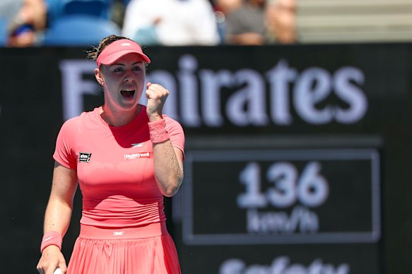 Talia Gibson claims victory against Anna Blinkova in round 1 of the 2026 Australian Open.