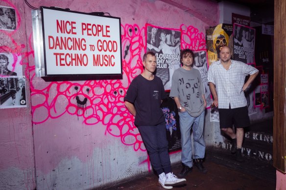 Club 77 owner Dane Gorrel, right, with The Presets at the Darlinghurst venue in 2022.