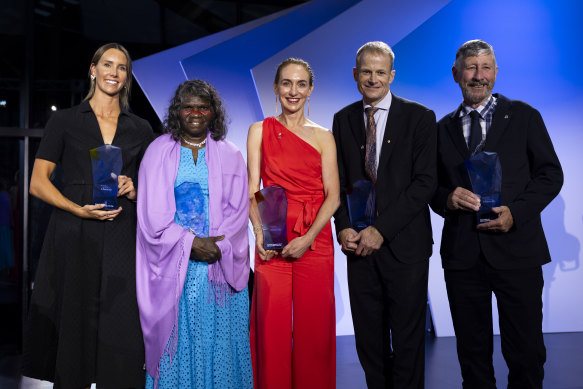 This year’s Young Australian of the Year, Emma McKeon, Senior Australian of the Year, Yalmay Yunupiŋu, Australians of the Year Professor Georgina Long and Professor Richard Scolyer and Local Hero, David Elliott.