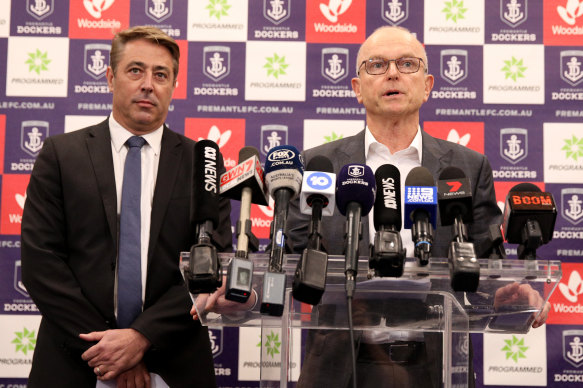 Fremantle president Dale Alcock (right) and outgoing CEO Steve Rosich.