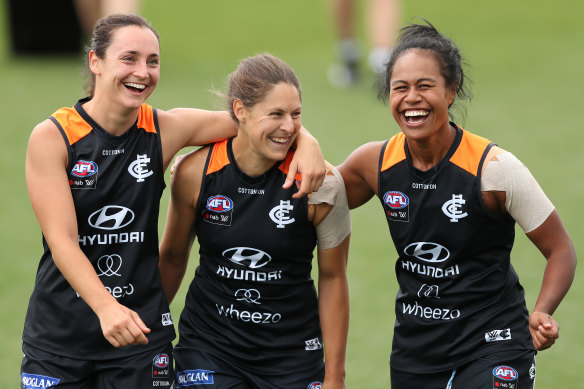 The Blues celebrate following their pre-season clash against St Kilda. 