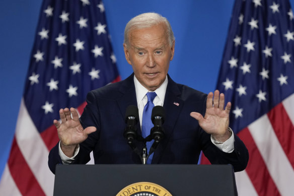 President Joe Biden speaks at a news conference following the NATO summit in Washington.