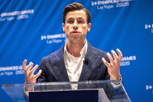 Max Martin, co-founder and CEO of Enhanced, speaks during a press conference ahead of the Games at Resorts World in Las Vegas. 