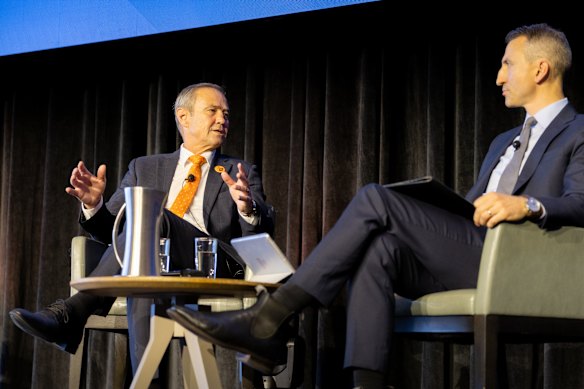 WA Premier Roger Cook and Chamber of Commerce and Industry WA chief economist Aaron Morey at a business breakfast in Perth on Thursday. 