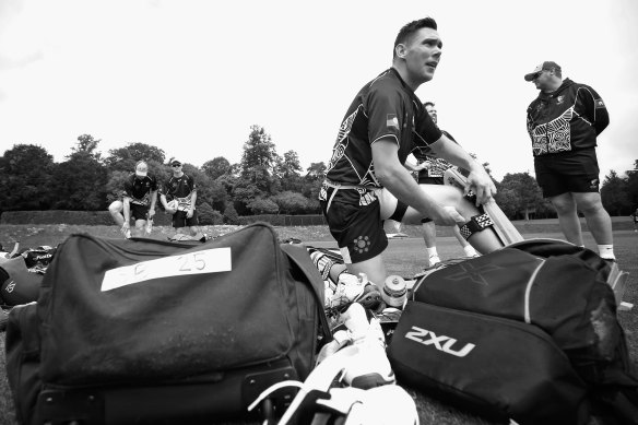 Scott Boland pads up in Sussex during the 2018 tour of England to mark the sesquicentenary of the Indigenous XI tour of 1868.