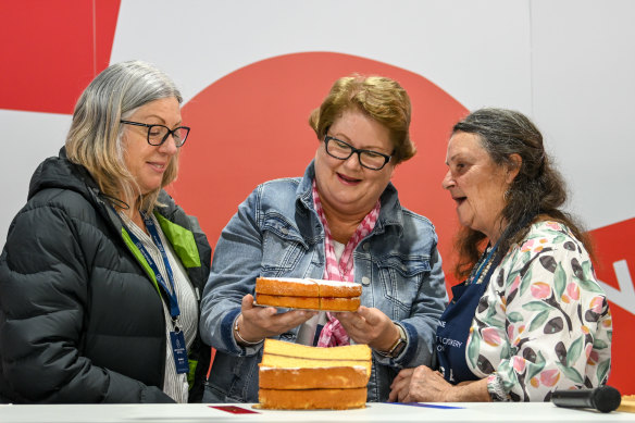 Baking judge Anne-Marie Primmer, right, winner Sally Turnbull, middle, and first runner-up Helen Jackson, left. 