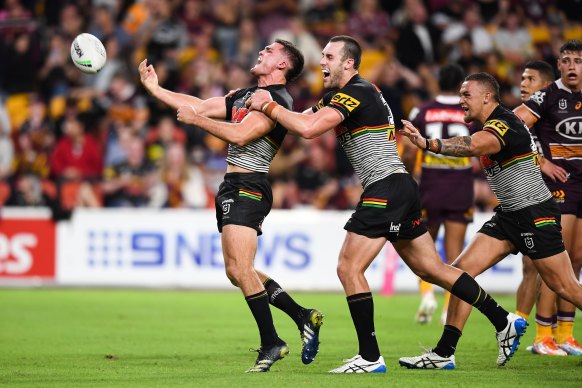 Nathan Cleary scores a try in a tough win for the Panthers in Brisbane.