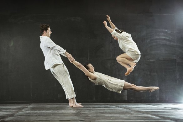 Isabelle Champagne-Chittick, Margot Mansfield and Harley Mann rehearsing new work Of The Land On Which We Meet