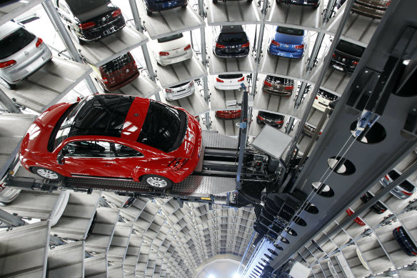 A Volkswagen Beetle inside a delivery tower at the company’s headquarters in Wolfsburg, Germany.