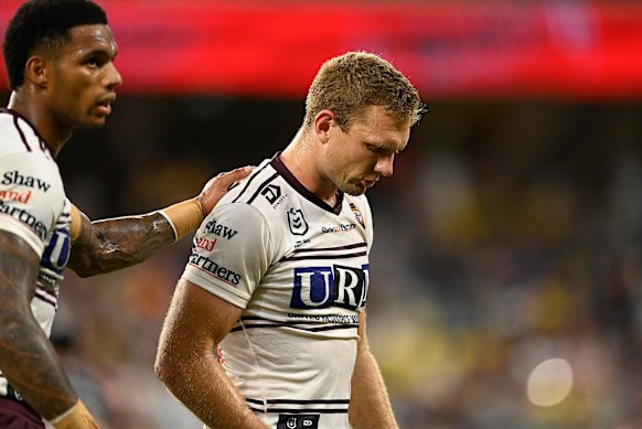 Trbojevic comes from the field after being injured.