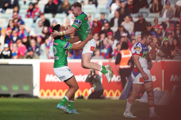 Hudson Young celebrates his last-gasp try in the nation’s capital.