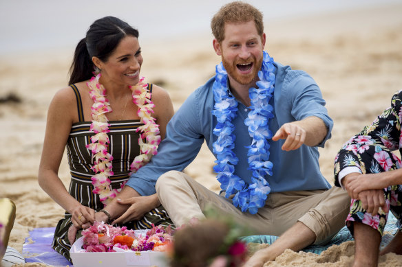 Meghan and Harry at Bondi Beach in 2018, on day four of the couple’s first overseas royal tour as the Duke and Duchess of Sussex.
