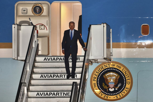 Us President Joe Biden steps off Air Force One as he arrives in Brussels.
