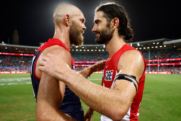 Former teammates, now foes: Max Gawn and Brodie Grundy embrace after the Swans’ season-opening win over Melbourne.