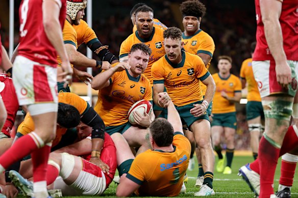 Matt Faessler celebrates scoring his team’s third try against Wales in Cardiff last year.
