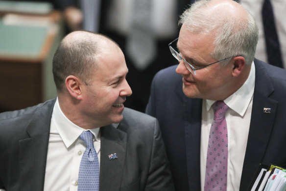 Treasurer Josh Frydenberg and Prime Minister Scott Morrison in Parliament House on October 22. 