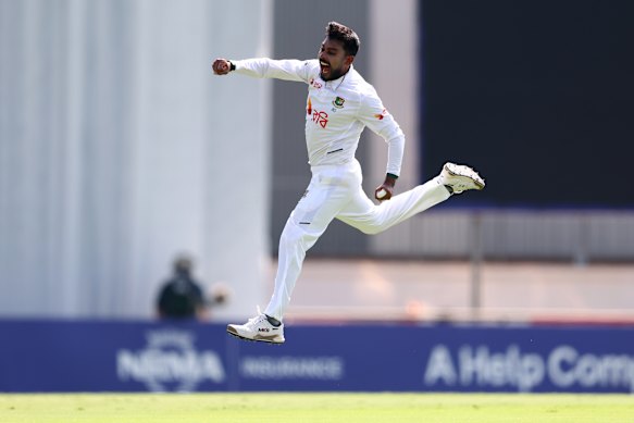Mehidy Hasan Miraz celebrates the wicket of Beau Webster.