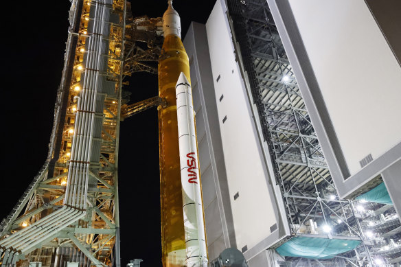 The NASA Artemis rocket with the Orion spacecraft aboard.