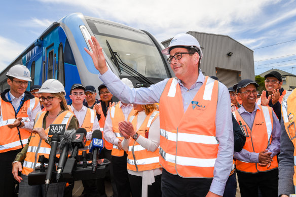 Premier Daniel Andrews and Transport Infrastructure Minister Jacinta Allan unveiling the new CRRC trains in 2018. 