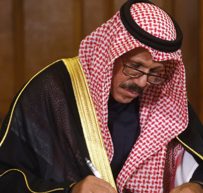 Emir of Kuwait, Sheikh Faisal Nawaf Al-Ahmad Al-Sabah signs a book of condolence at Church House in London, following the death of Queen Elizabeth II, 2022.