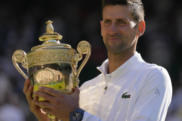 Novak Djokovic with the Wimbledon trophy.