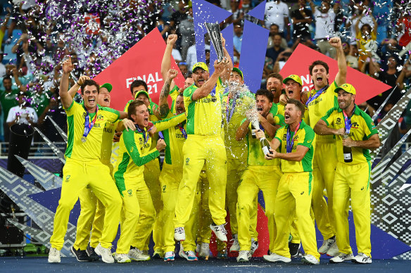 Aaron Finch’s Australians celebrate their T20 World Cup victory in the UAE last year.