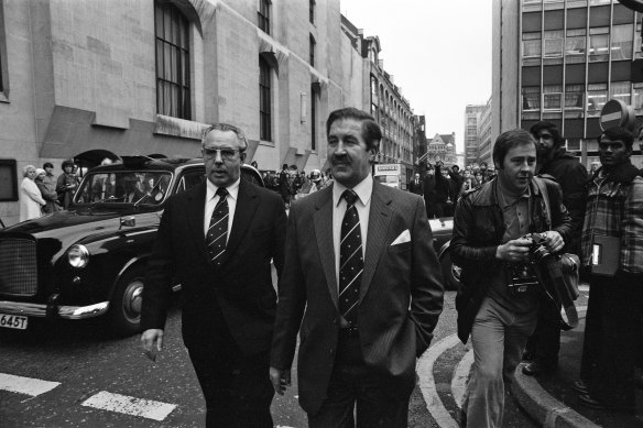 Hobson (centre) outside the Old Bailey during the trial of Peter Sutcliffe, the Yorkshire Ripper.