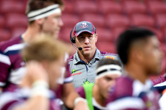 Queensland Reds coach Brad Thorn with the team at Suncorp Stadium during the 2020 season.