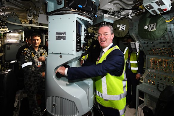 Christopher Pyne tours the HMAS Collins submarine when he was defence minister in 2018.