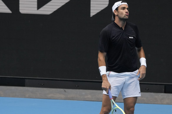 Matteo Berrettini in his Boss uniform during a practice session against Russia’s Andrey Rublev ahead of the Australian Open, on Friday, Jan. 13, 2023