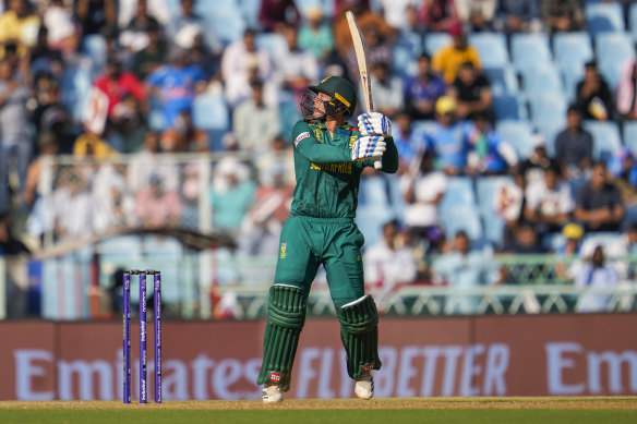South Africa’s Quinton De Kock brought up with his second successive World Cup 100 with a six