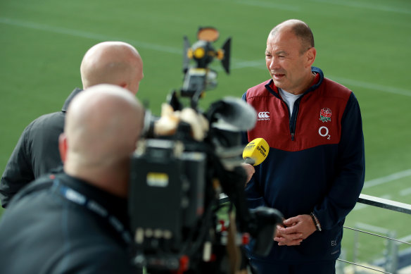 Eddie Jones talks with media during his time as England coach.