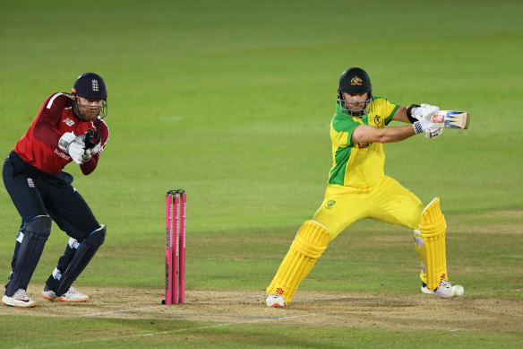 Aaron Finch gets one past English 'keeper Jonny Bairstow en route to his 39 off 26 balls.