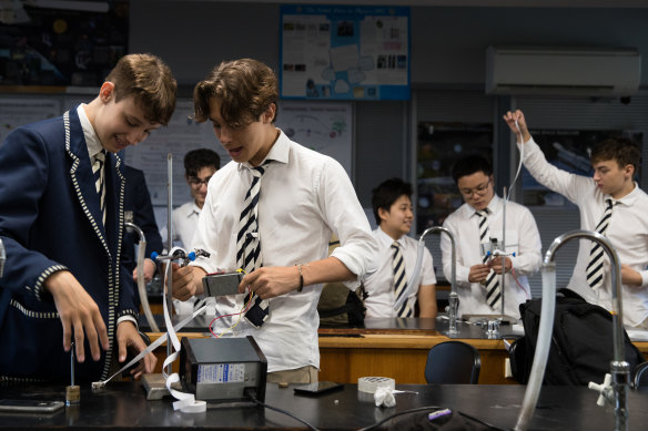 Students Miles Bornman and Marcus McDonald in a science class at Reddam House in Bondi.