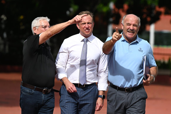 Suncorp Stadium general manager Alan Graham, Queensland Premier Steven Miles and rugby league great Wally Lewis. Miles announced Suncorp would  host the opening and closing ceremonies at the 2032 Brisbane Olympics.