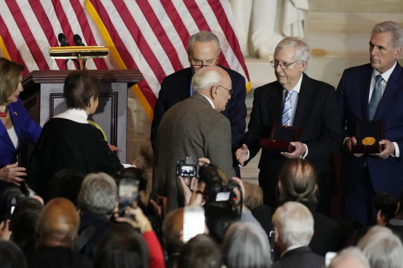 No shake: Charles and Gladys Sicknick, father and mother of slain US Capitol Police Officer Brian Sicknick, and Senate Minority Leader Mitch McConnell and House Minority Leader Kevin McCarthy. 